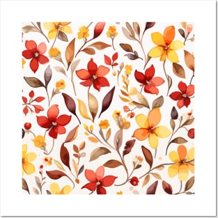 Yellow Red and Brown Floral Pattern on White Posters and Art